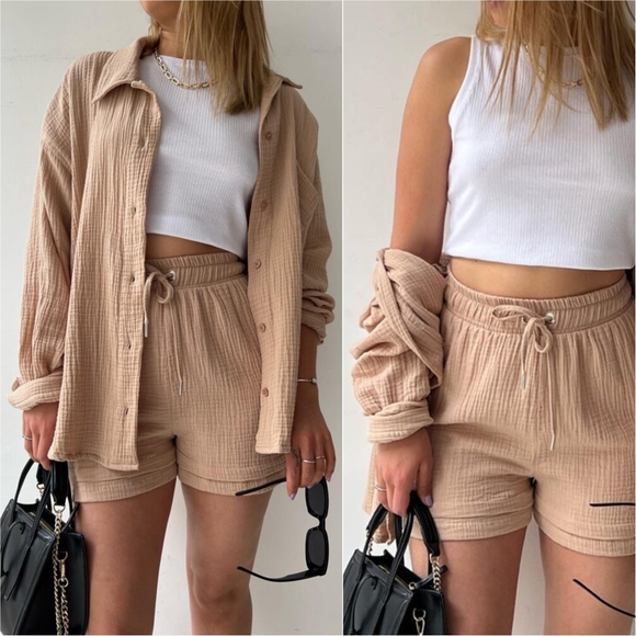 Joanna Button Up Shirt & Shorts Set - Tan - Picture 2 of 8